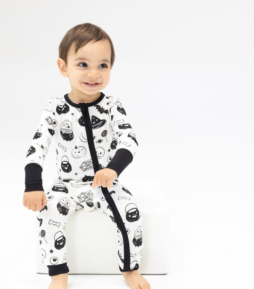 2 Way Zipper Romper - Black & White Halloween