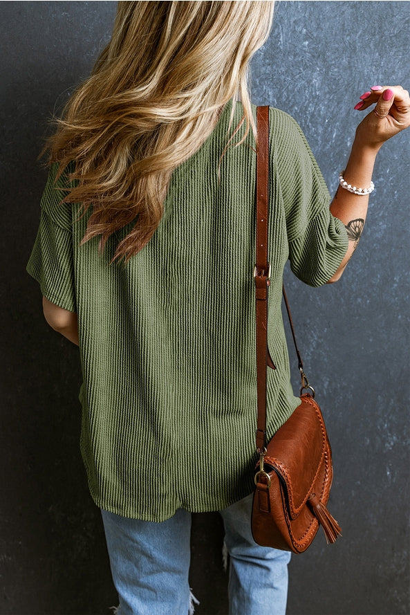 Corded V Neck Chest Pocket Loose T-Shirt