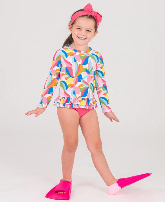 Long Sleeve Ruffle Hem Rash Guard 2-Piece - Tropical Adventure