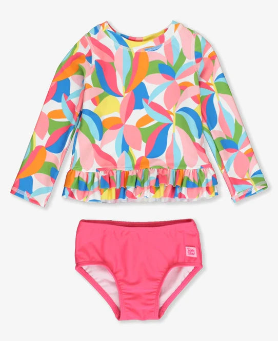 Long Sleeve Ruffle Hem Rash Guard 2-Piece - Tropical Adventure
