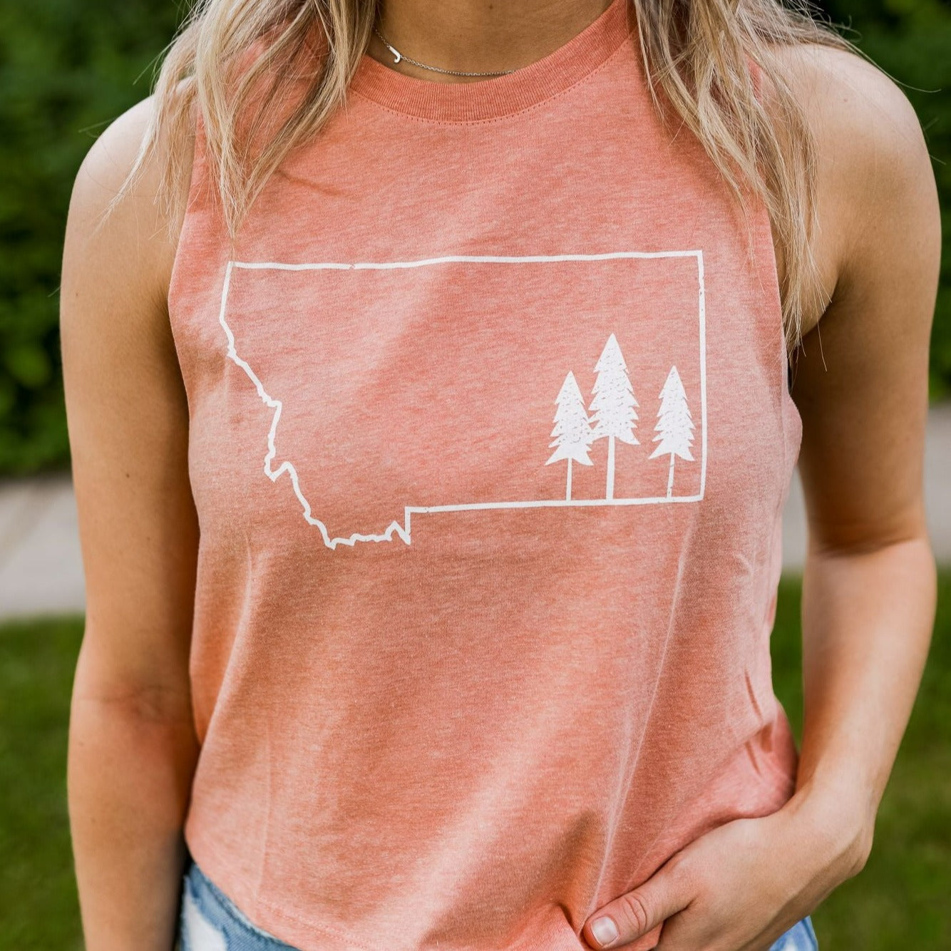 Montana Tree Outline Cropped Tank - Heather Sunset - The Montana Scene
