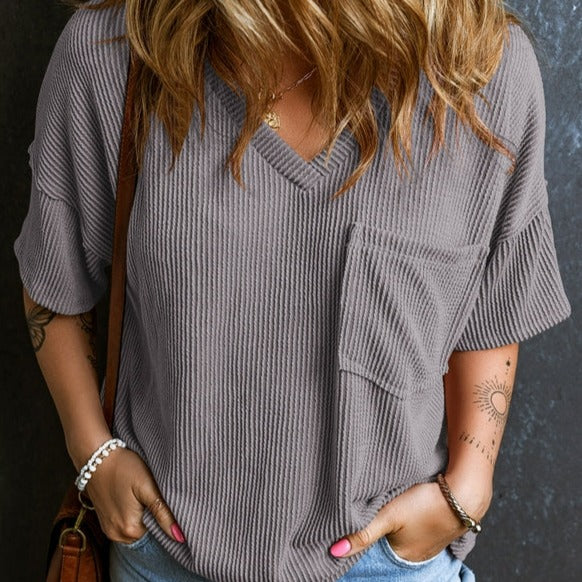 Corded V Neck Chest Pocket Loose T-Shirt
