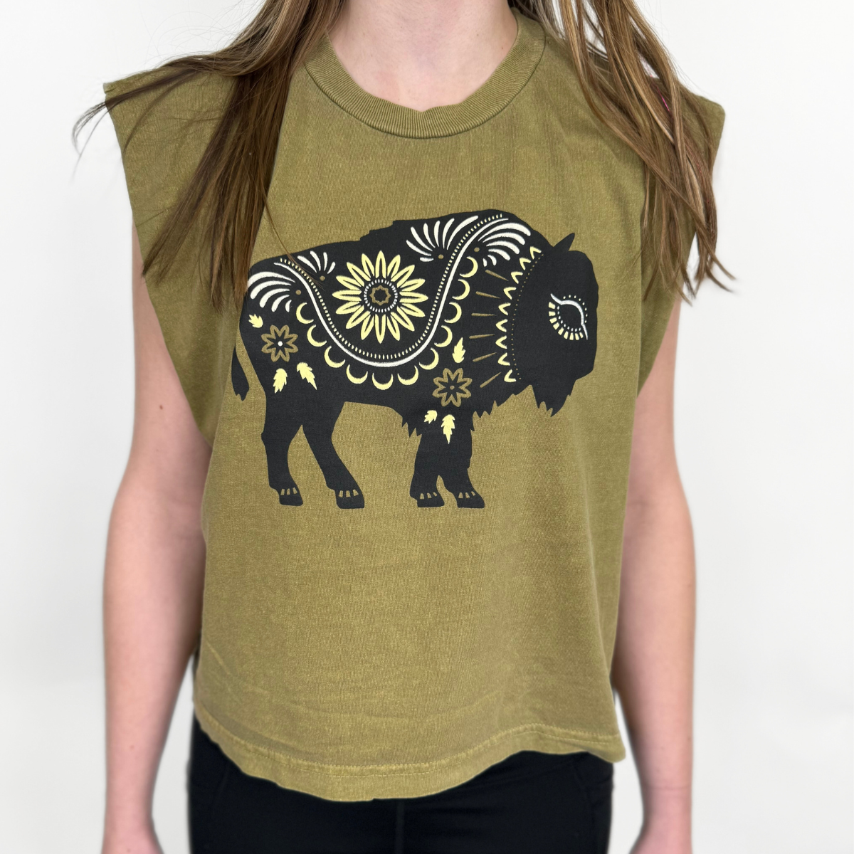 Floral Bison Ladies Muscle Tee - Faded Army - The Montana Scene