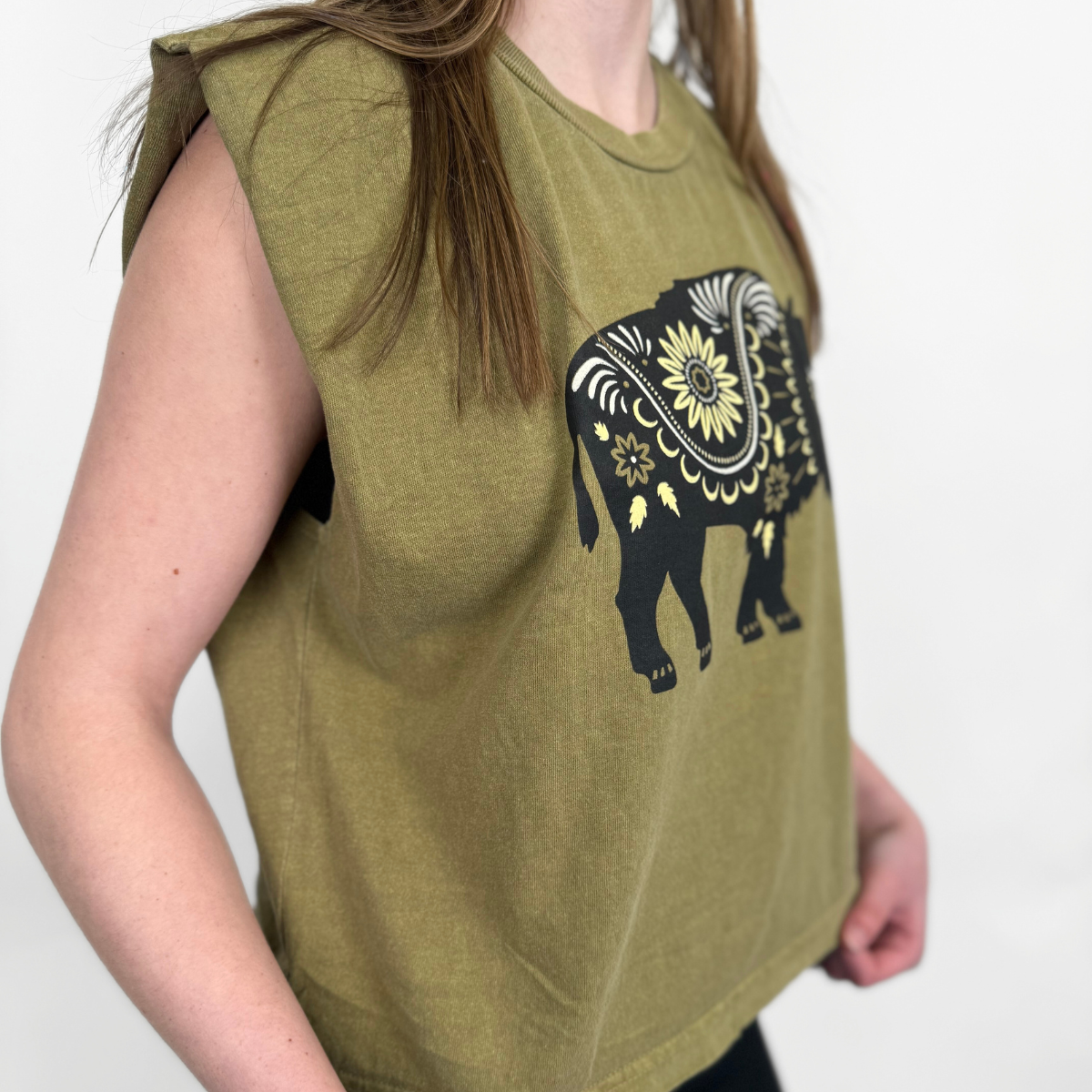 Floral Bison Ladies Muscle Tee - Faded Army - The Montana Scene