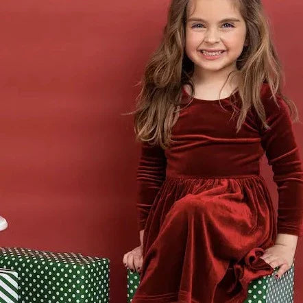 Baby and Girl Velvet Twirl Christmas Dress - Ruby