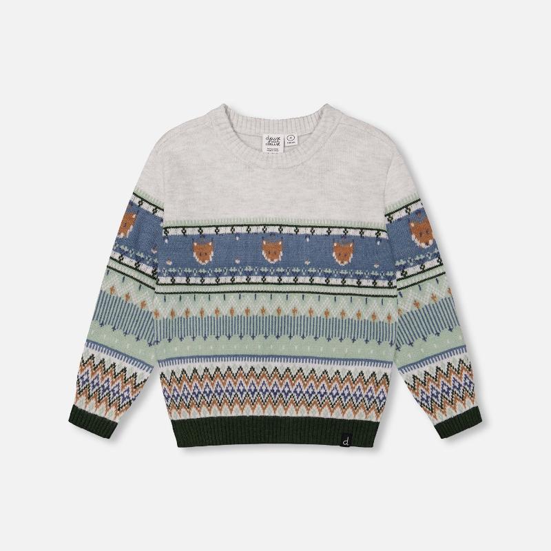 Boys Jacquard Sweater W/Fox - Oatmeal