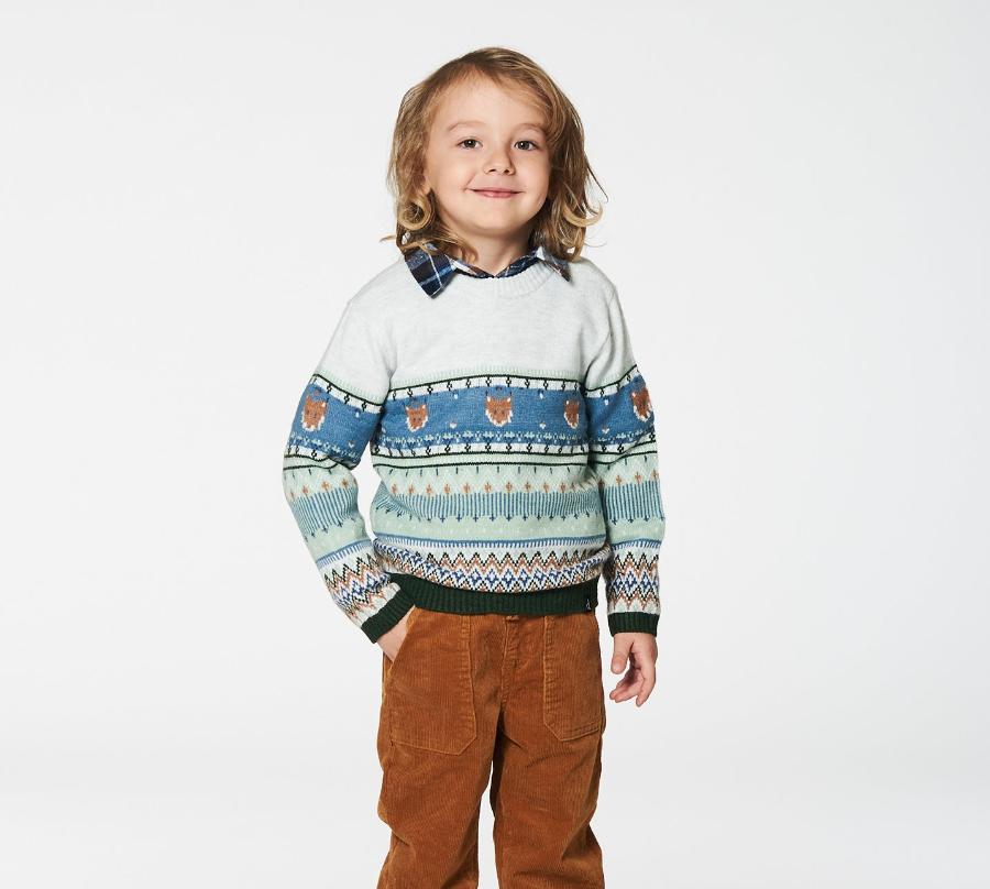 Boys Jacquard Sweater W/Fox - Oatmeal