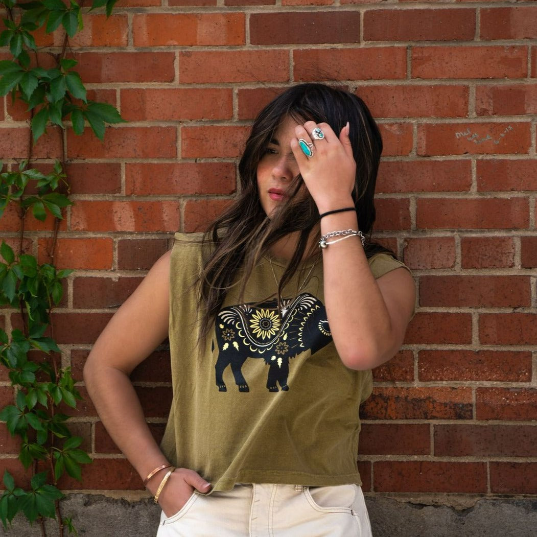 Floral Bison Ladies Muscle Tee - Faded Army - The Montana Scene