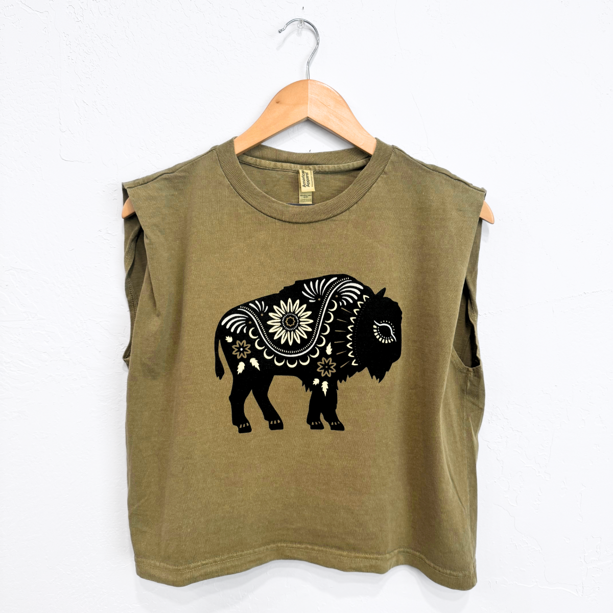 Floral Bison Ladies Muscle Tee - Faded Army - The Montana Scene