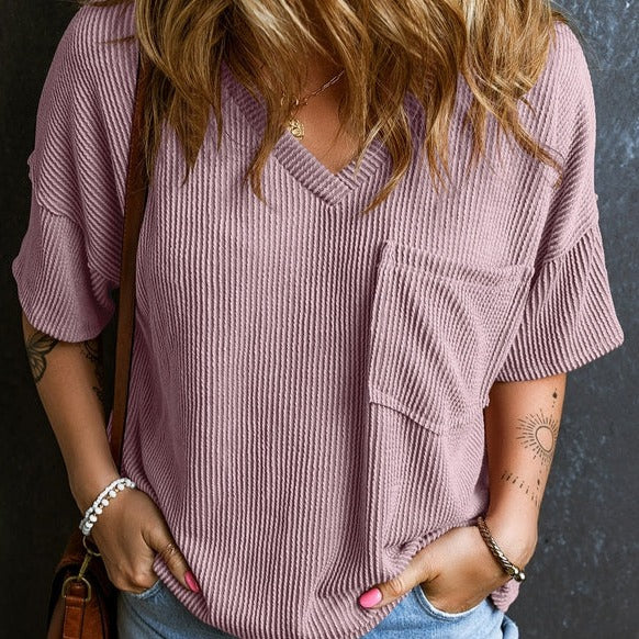 Corded V Neck Chest Pocket Loose T-Shirt