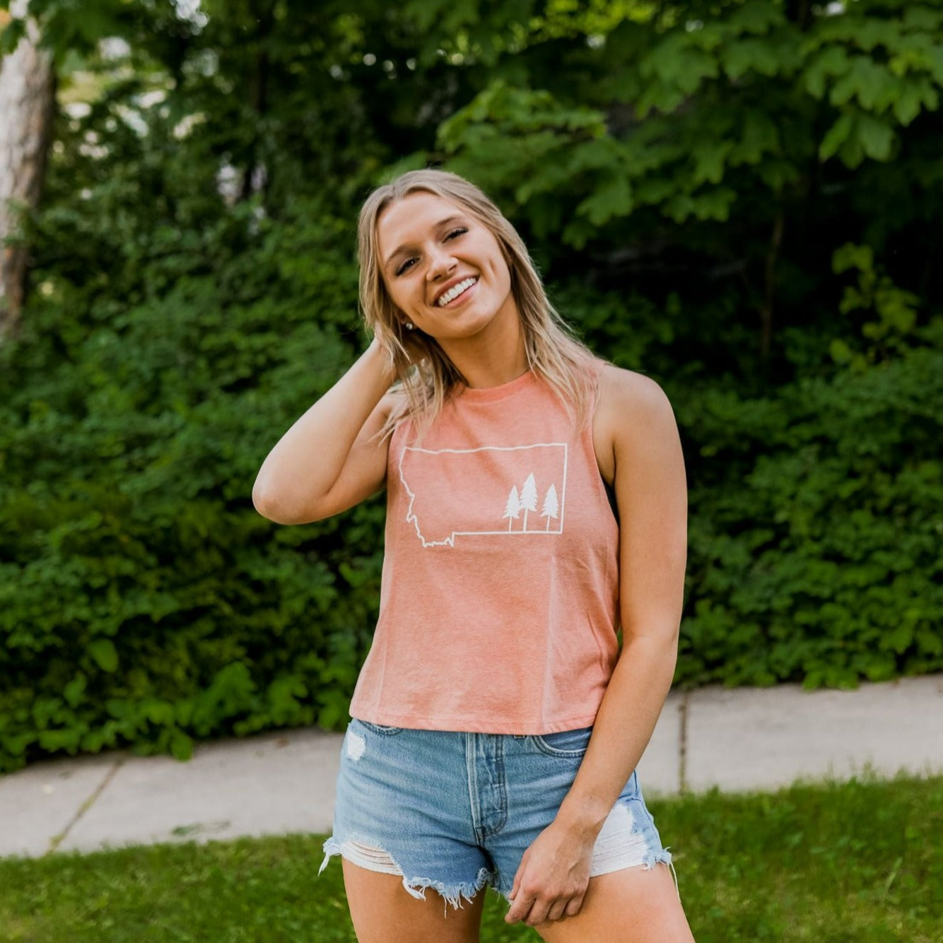 Montana Tree Outline Cropped Tank - Heather Sunset - The Montana Scene