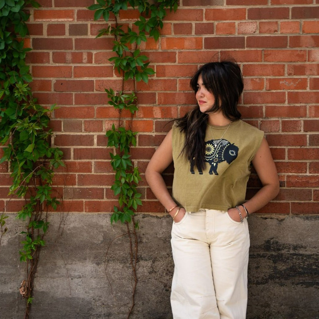 Floral Bison Ladies Muscle Tee - Faded Army - The Montana Scene