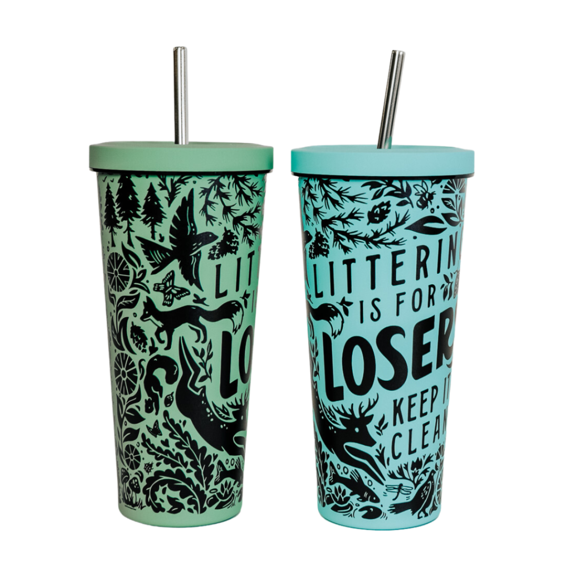 Littering is for Losers Stainless Steel Vacuum Tumbler - Green/Blue - The Montana Scene