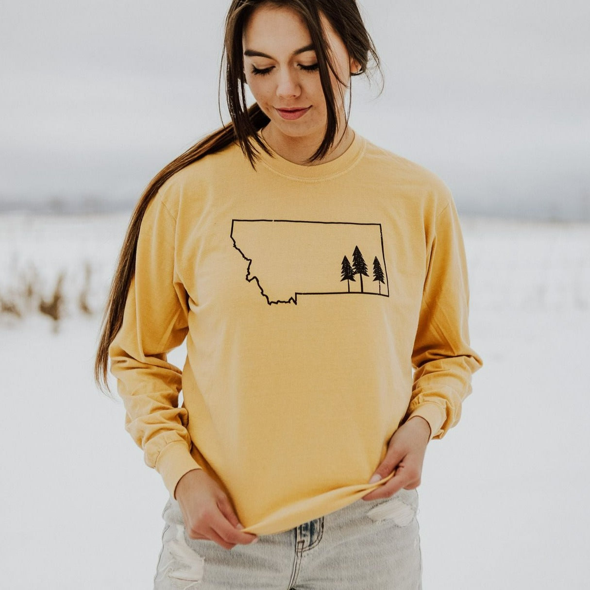 Montana Tree Outline Unisex Long Sleeve - Mustard - The Montana Scene