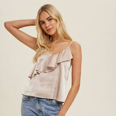 Satin Cami w/ Asymmetrical Ruffle Detail