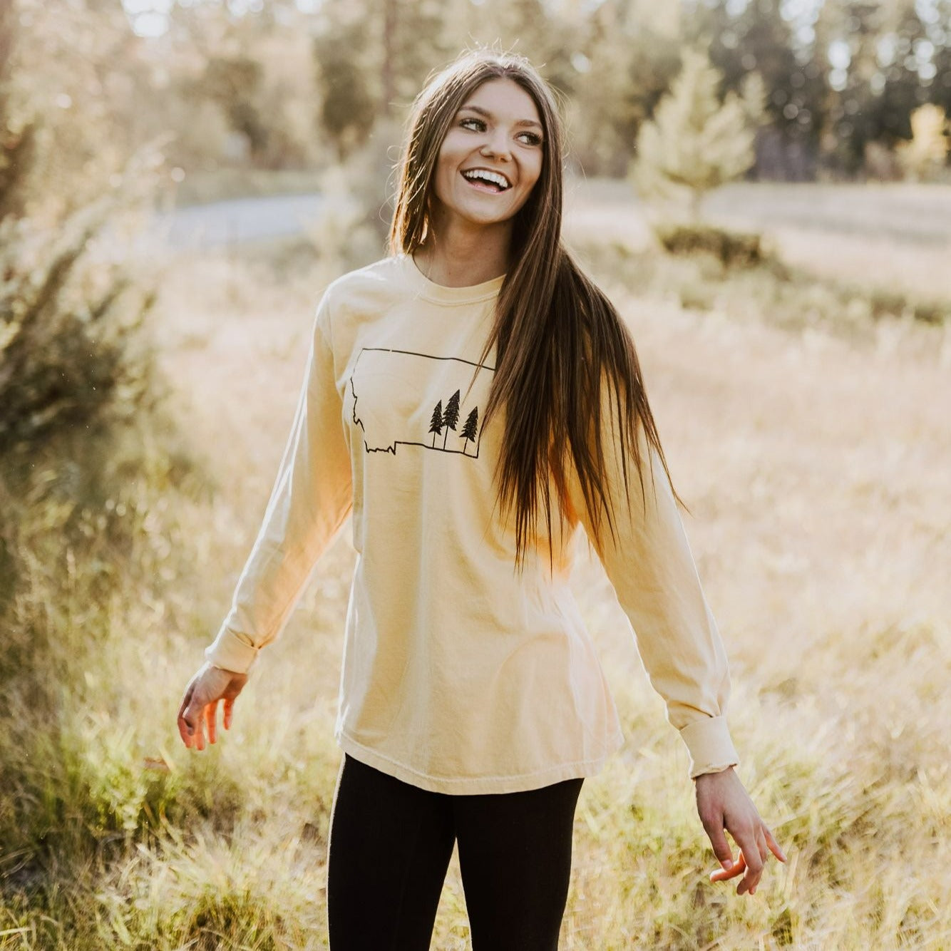 Montana Tree Outline Unisex Long Sleeve - Mustard - The Montana Scene