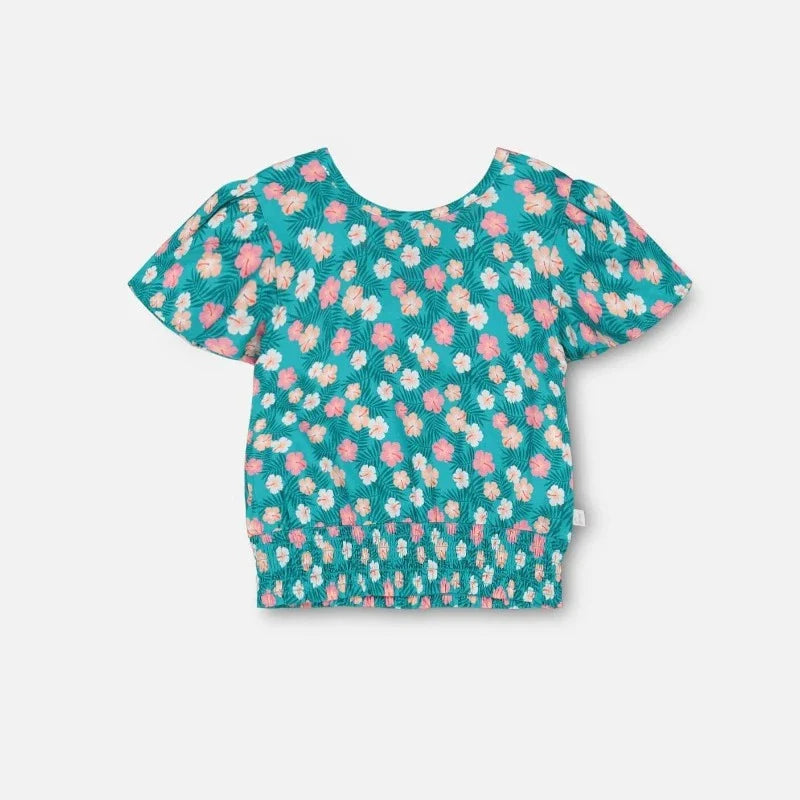 Smocked Waist Viscose Blouse  - Turquoise