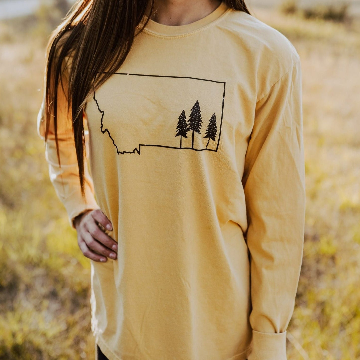 Montana Tree Outline Unisex Long Sleeve - Mustard - The Montana Scene