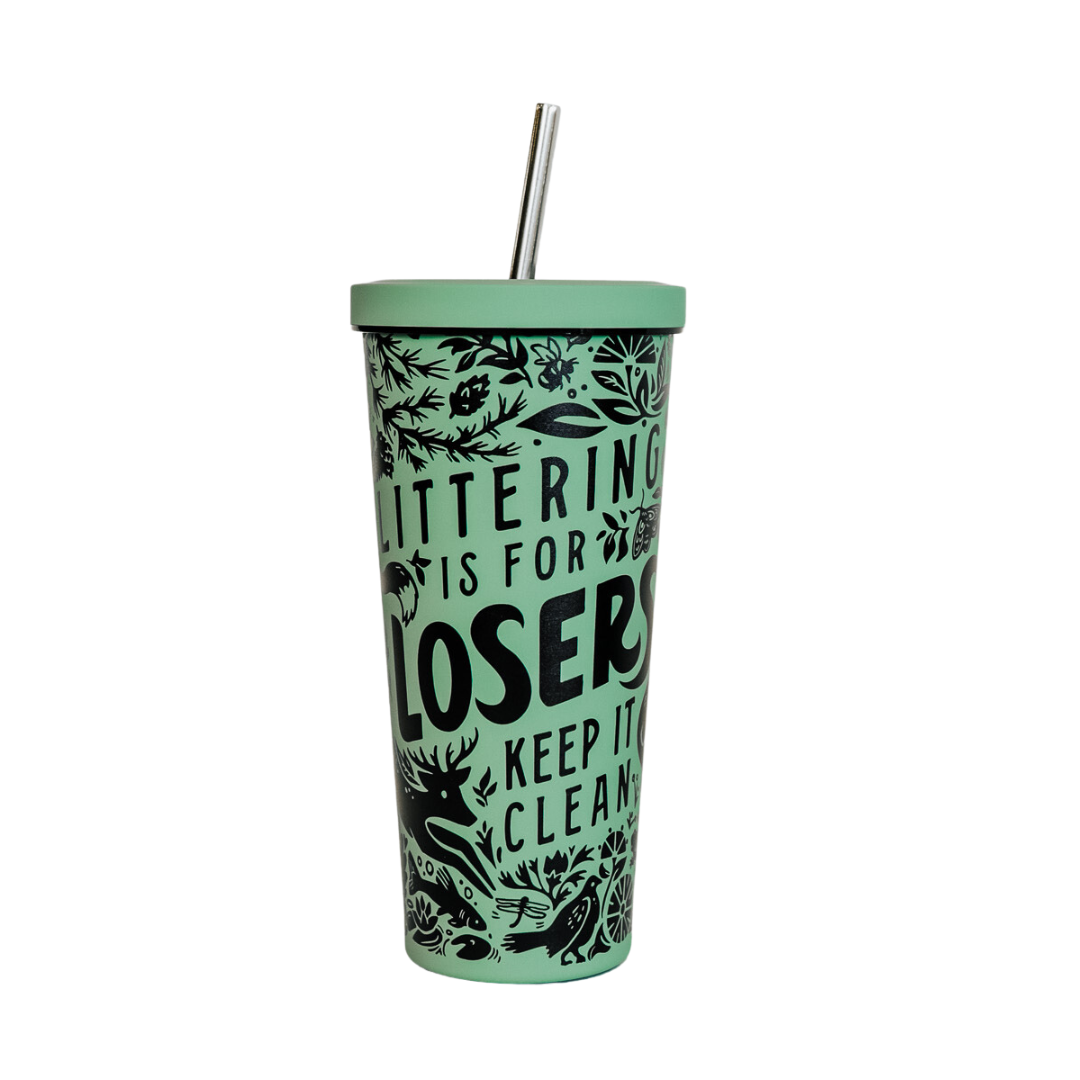 Littering is for Losers Stainless Steel Vacuum Tumbler - Green/Blue - The Montana Scene