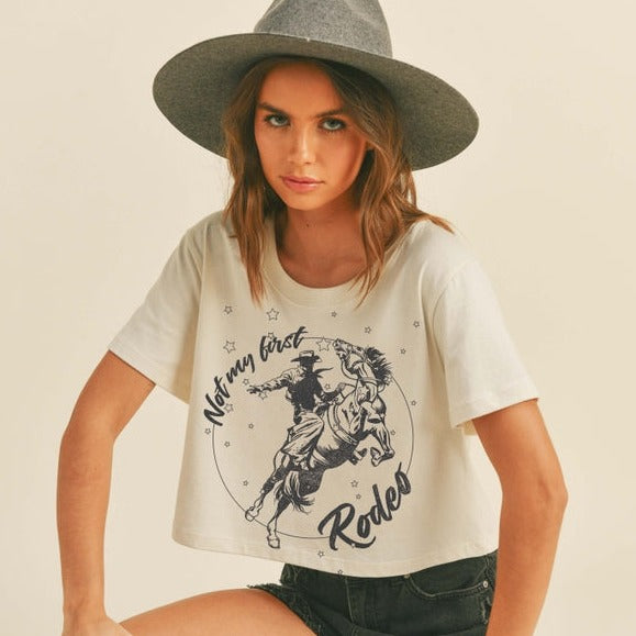 Not My First Rodeo Cowboy Graphic Short Crop Tee