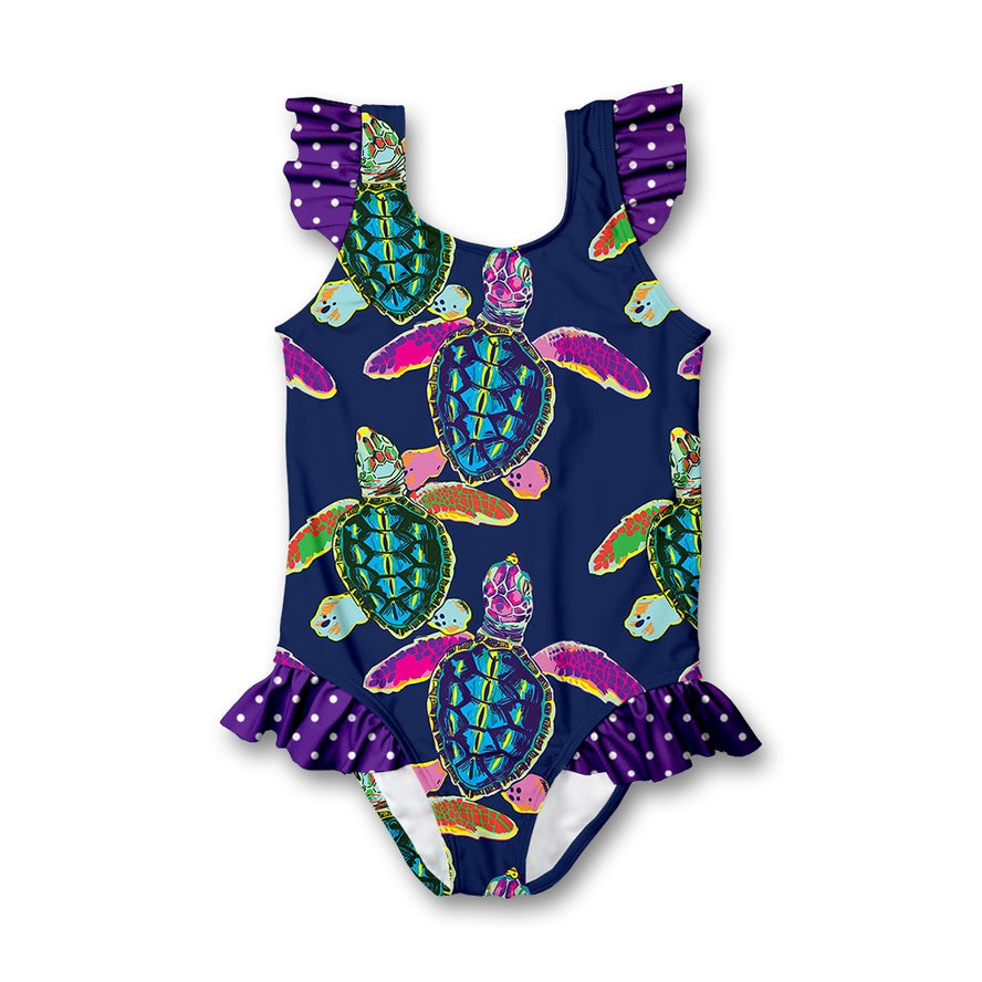 Girls Water Turtle Ruffle-Accent One-Piece Swimsuit