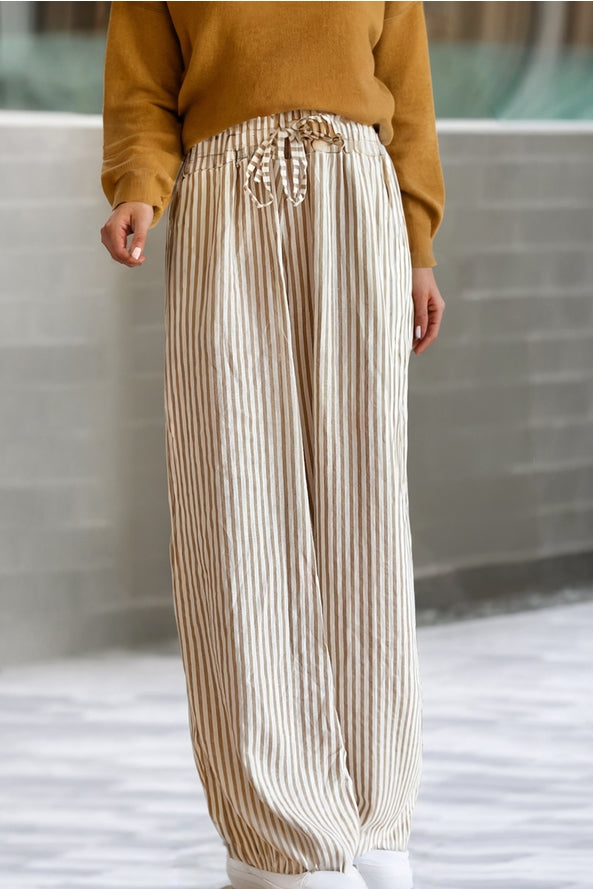 Stripe Print Wide Leg Drawstring Pants