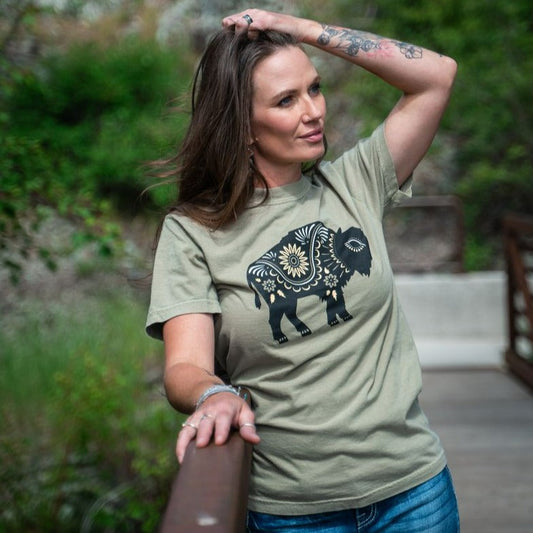 Floral Bison Unisex Tee -Khaki - Discontinued