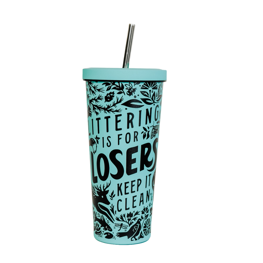 Littering is for Losers Stainless Steel Vacuum Tumbler - Green/Blue - The Montana Scene