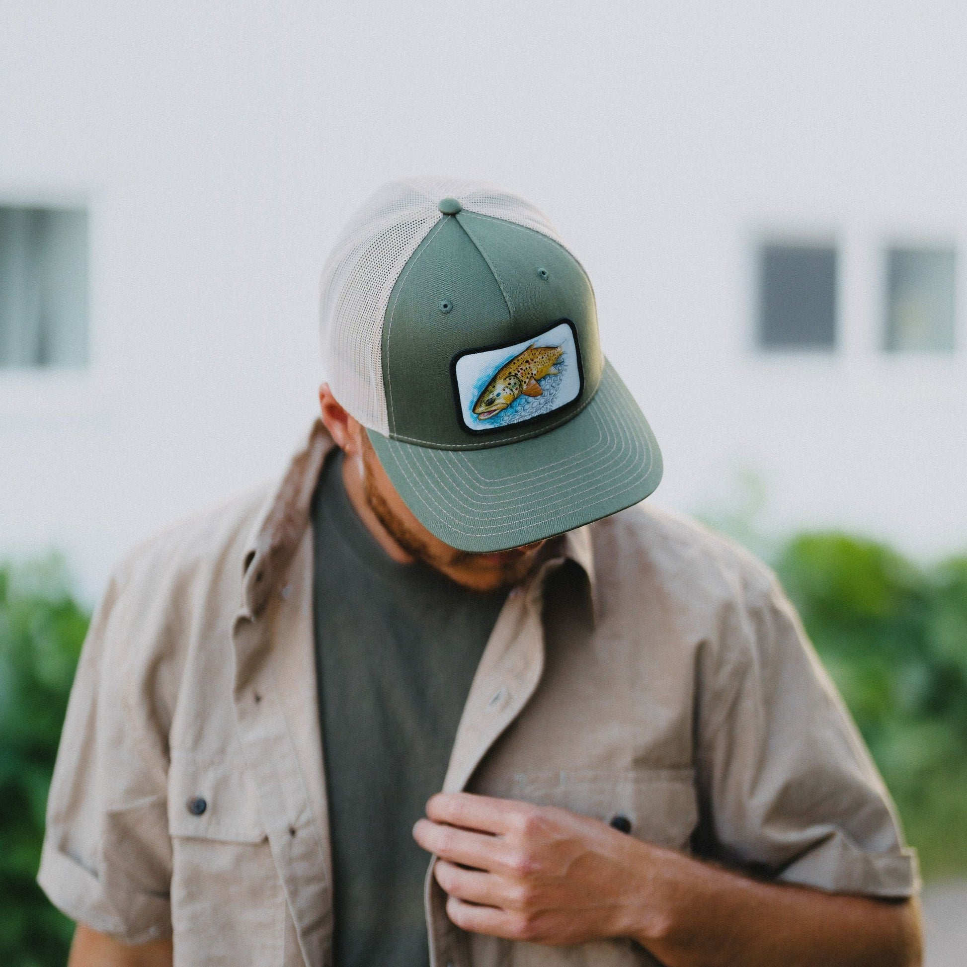 Fish Watercolor Trucker- Olive - The Montana Scene