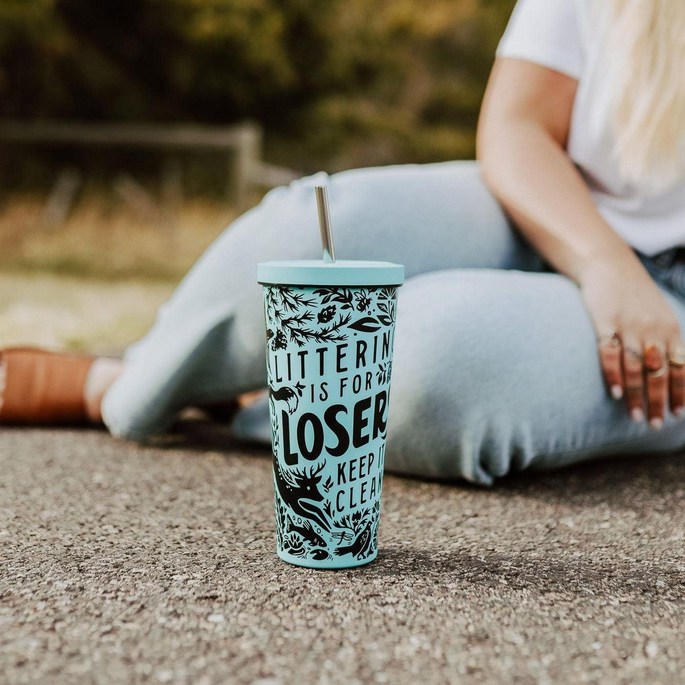 Littering is for Losers Stainless Steel Vacuum Tumbler - Green/Blue - The Montana Scene