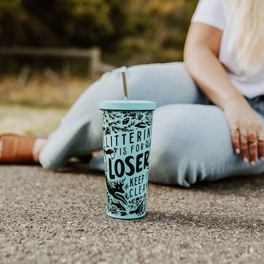 Littering is for Losers Stainless Steel Vacuum Tumbler - Green/Blue - The Montana Scene