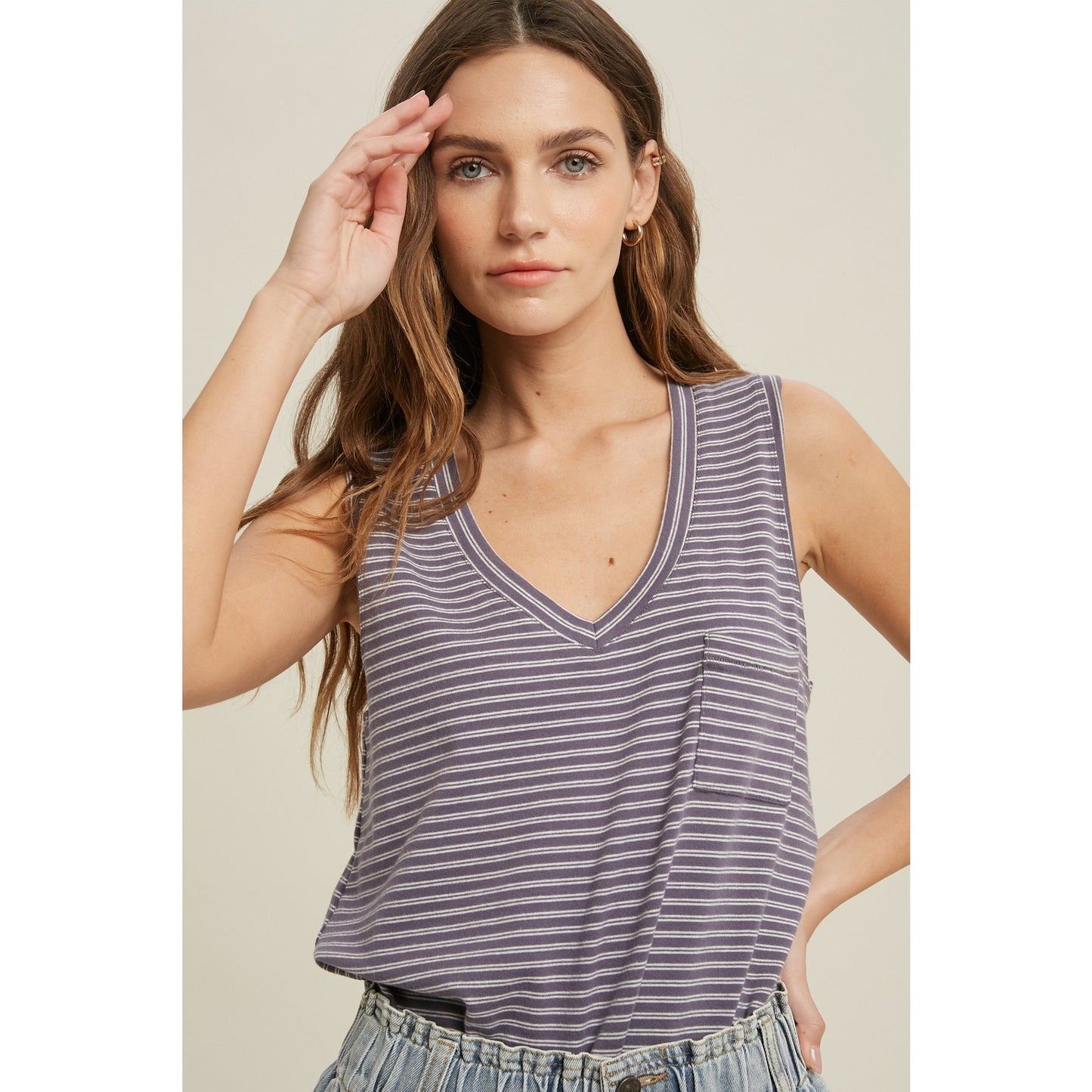 Cotton Striped Sleeveless Top w/Pocket